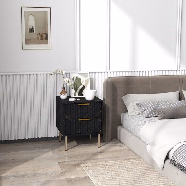 HOMCOM Modern Black Marble Pattern Bedside Table with 2 Drawers