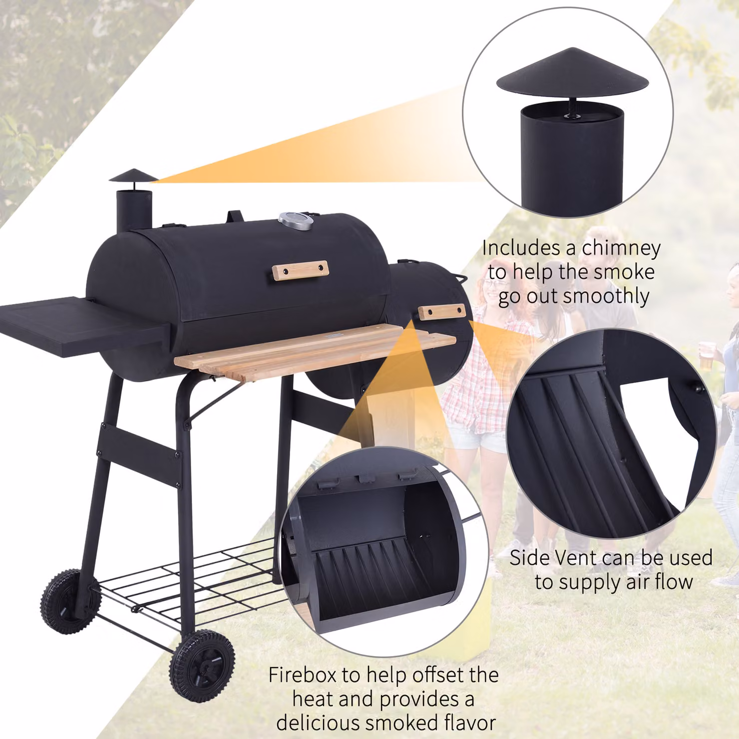 Outsunny Charcoal Barbecue Grill and Offset Smoker Combo with Wheels and Thermometer, Black, W/D/H: 124 x 53 x 104 cm – 6