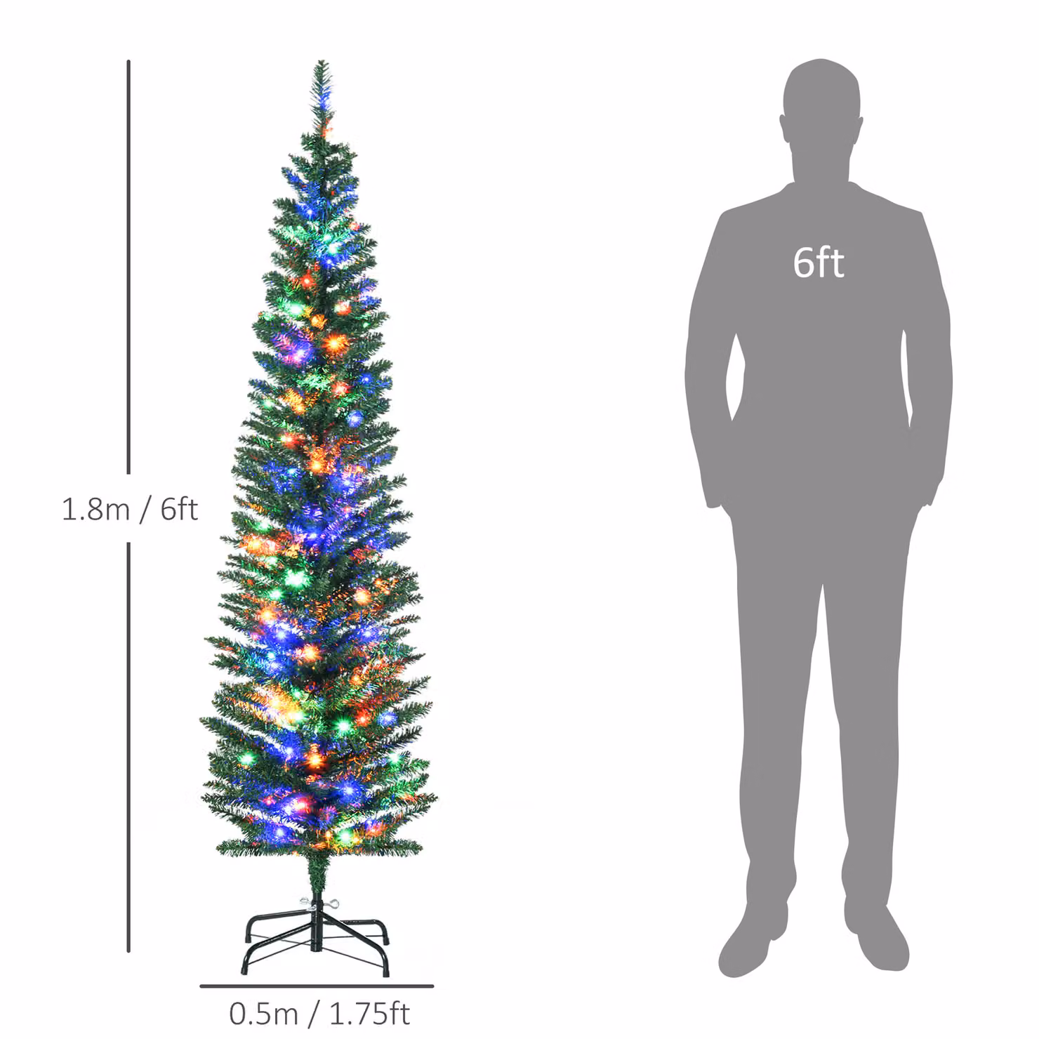HOMCOM 6ft Pencil Shape Artificial Christmas Tree with Colourful LED Lights and Steel Base – 3