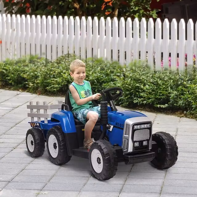 HOMCOM Blue Electric Ride On Tractor with Detachable Trailer and Remote Control
