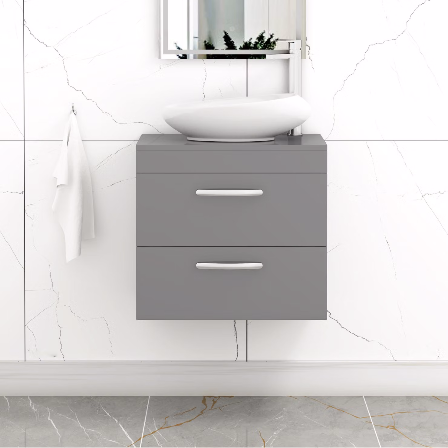 Royal Bathrooms Turin 600mm Wall Hung Vanity Unit with 2 Drawers and Countertop Basin in Indigo Grey Gloss