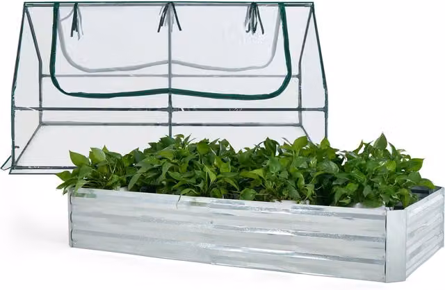 COSTWAY Outdoor Planter Box Kit with Silver Greenhouse and PVC Window