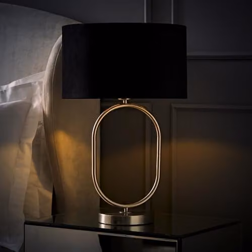 ValueLights Antonia Black Velvet Oval Table Lamp with Brushed Chrome Base – 2