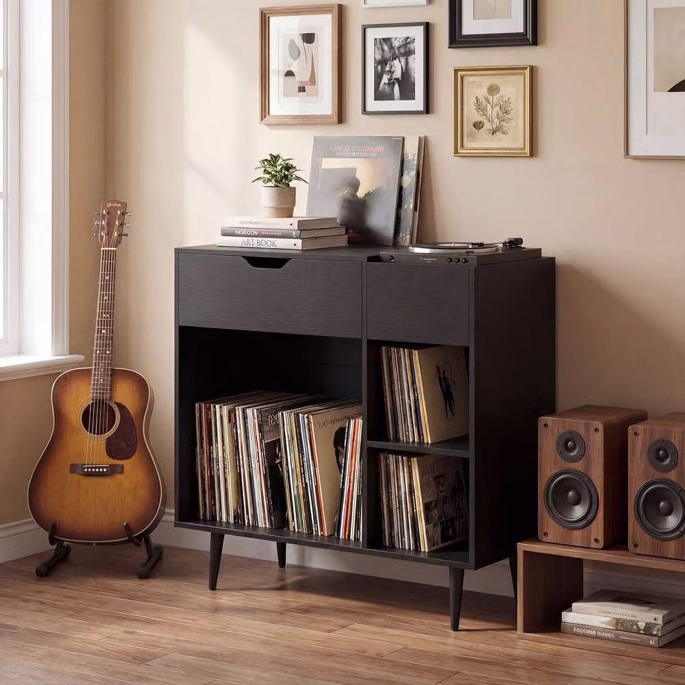 Gymax Industrial Turntable Record Player Stand and Vinyl Cabinet with Built-In Power Strip in Black – 3