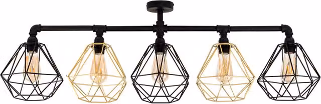 Luiggi 5 Way Black Ceiling Bar Light with Diablo Black and Gold Wire Shades