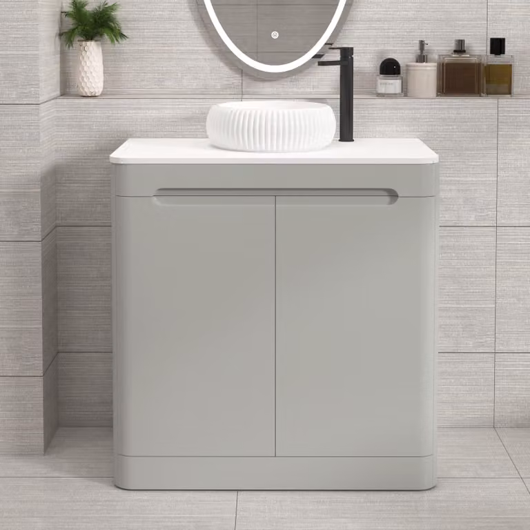 Royal Bathrooms Venice 800mm Floor Standing Vanity Unit in Dove Grey with 2 Soft Close Doors and White Milan Basin