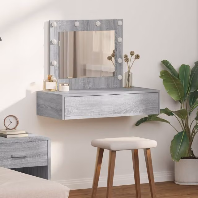 Berkfield Home Wall Hanging Dressing Table with Hollywood LED Lights in Grey Sonoma, W/D/H: 70 x 40 x 83 cm