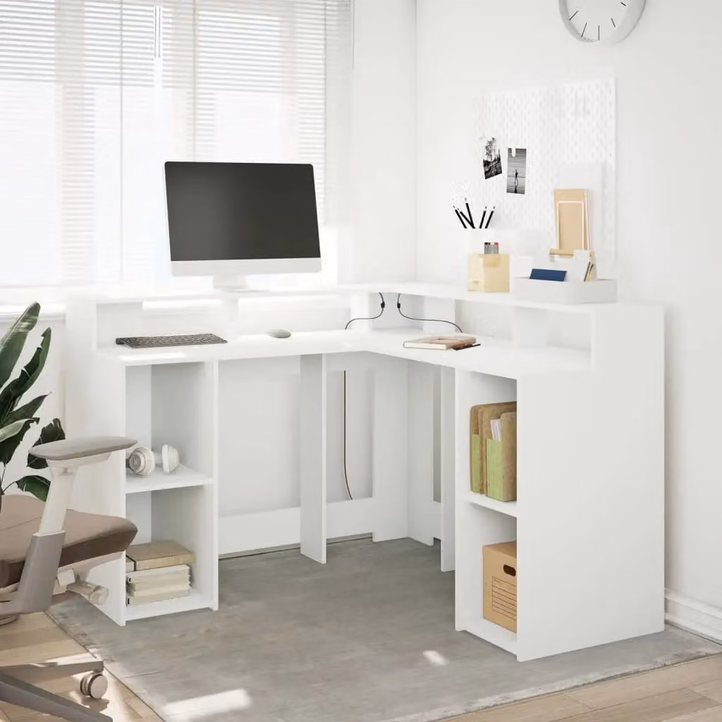 Berkfield Home White Corner Desk with LED Lights, W/D/H: 130 x 130 x 91 cm – 2