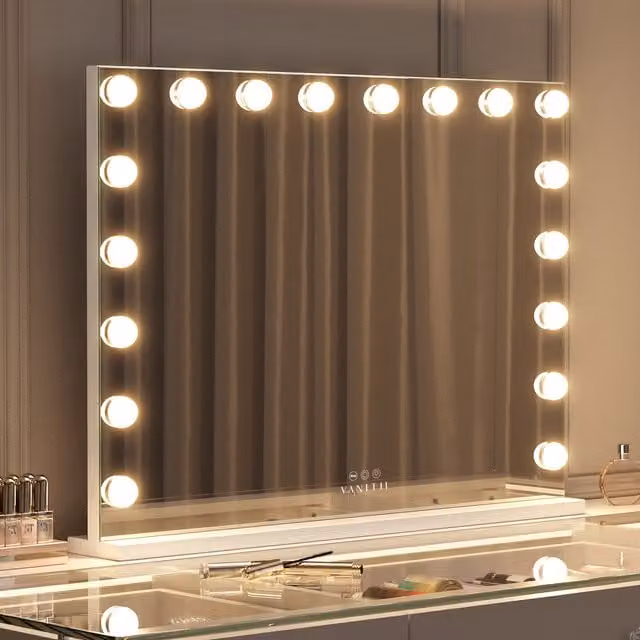VANITII Mary Hollywood Dimmable LED Make Up Mirror with 18 Bulbs in White Metal