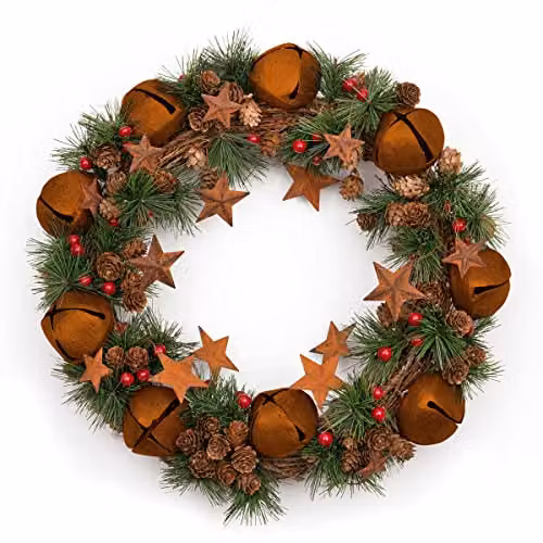 Shatchi Rustic Christmas Wreath with Stars and Leaves in Multicolour, Diameter: 40 cm
