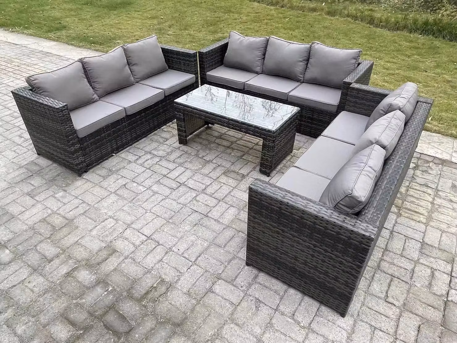 Fimous Outdoor 3 Piece Rattan Garden Furniture Lounge Sofa Set with Coffee Table in Dark Grey – 2