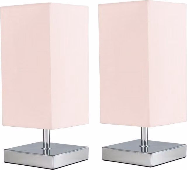 ValueLights Set of 2 Modern Square Table Lamps in Pink and White with Chrome Metal Base