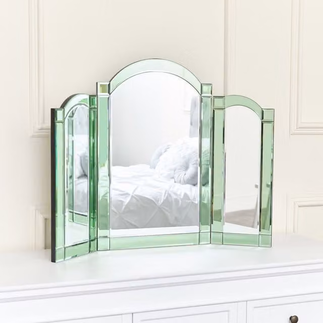 Melody Maison Art Deco Jade Green Glass Tabletop Triple Mirror W: 74 cm, H: 60 cm