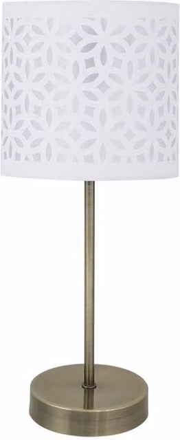 First Choice Lighting Antique Brass Stick Table Lamp with White Laser Cut Shade in Bronze – 1