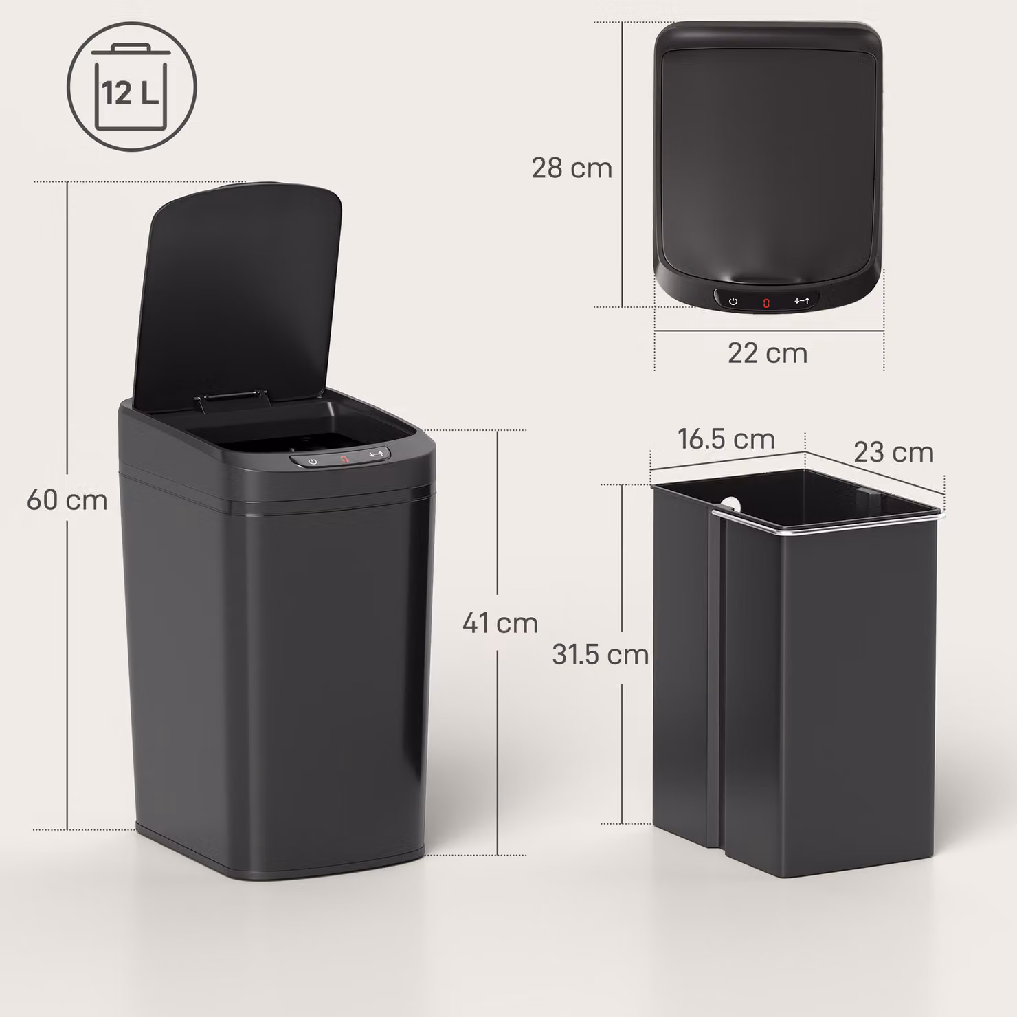 HOMCOM 12L Automatic Motion Sensor Kitchen Bin in Black Fingerprint Resistant Stainless Steel with Removable Inner Bucket – 3