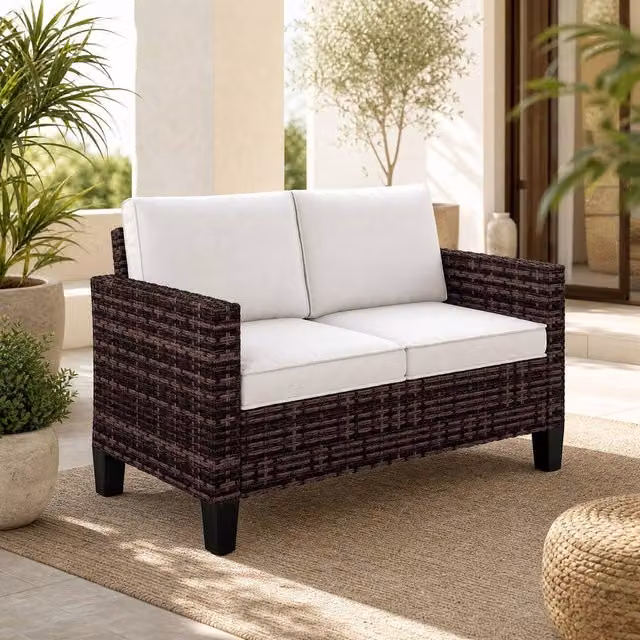 STILVORA Two-Seater Garden Sofa with Cushions in Brown Rattan and Metal