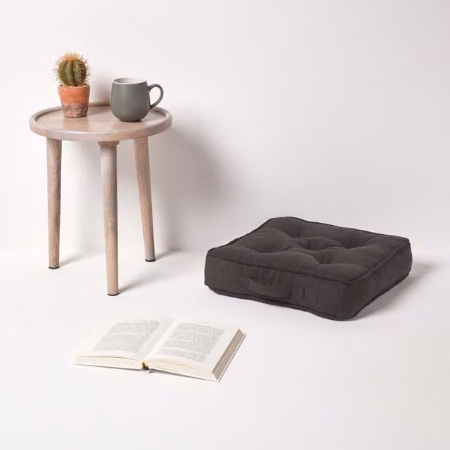 Homescapes Rajput Square Ribbed Cotton Floor Cushion in Black