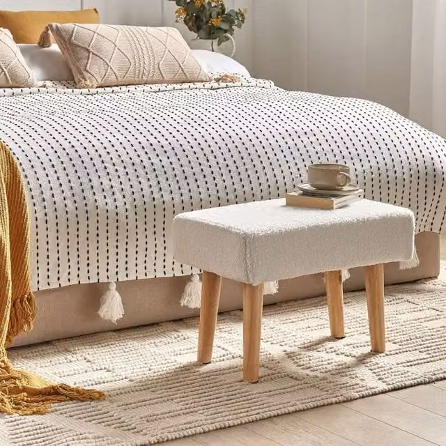 Wyld and Coco Nordic White Bouclé Footstool with Rubberwood Legs