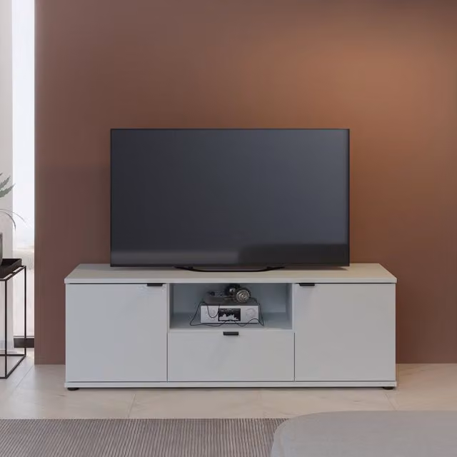 Furniture To Go Ganymede Wide Modern TV Unit with Open Shelf, Drawer and 2 Doors in Light Grey