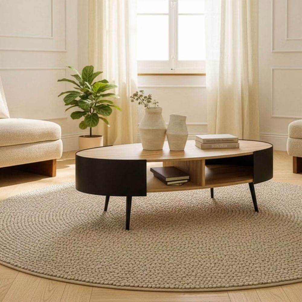 CALICOSY EKLO Oval Coffee Table in Light Brown with Black Metal Sides, W/D/H: 120 x 60 x 39 cm – 2