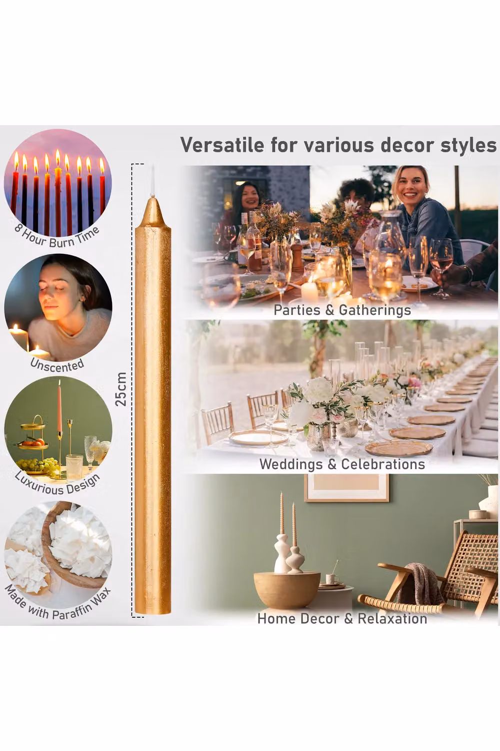 Deco Express Set of 15 Unscented Tapered Candles in Gold – 7