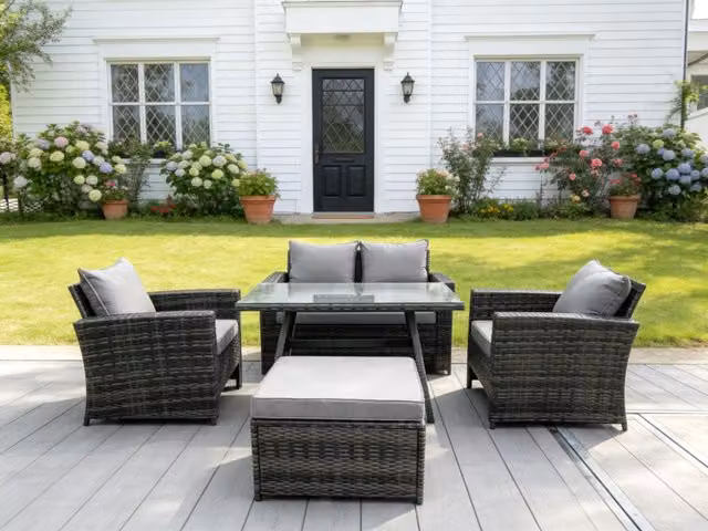 Fimous 5 Seater Dark Grey High Back Rattan Garden Dining Set with Large Footstool