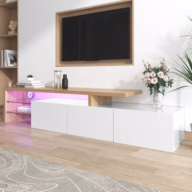 Merax Modern High Gloss White TV Stand with Glass Details, W: 192.5 cm, D: 42 cm, H: 42 cm – 1