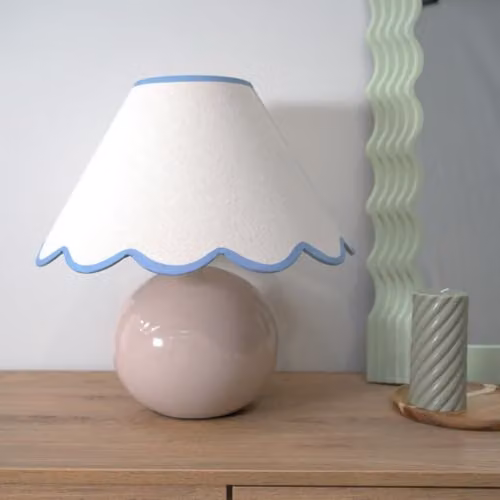 ValueLights Stone Natural Ceramic Table Lamp with Blue Trim Scallop Fabric Lampshade and Included LED Bulb in White and Blue – 2