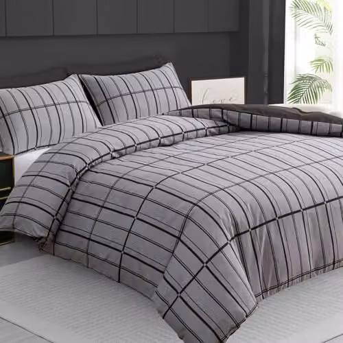 Pamposh Super King Duvet Set, Grey Checked Reversible Brushed Microfibre Bedding, 3-Piece Set with Duvet Cover 200 x 200 cm and Pillowcases 50 x 75 cm – 1