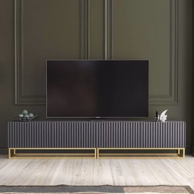 Mex Furniture LTD Ripple Duo TV Unit in Dark Grey with Fluted Doors, W: 200 cm, H: 45 cm, D: 35 cm