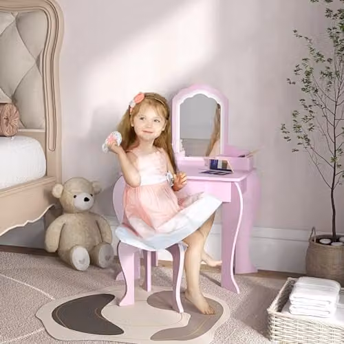ZONEKIZ Kids Dressing Table with Mirror and Stool, Pink, W/D/H: 86.0 x 36.0 x 36.0 cm – 2