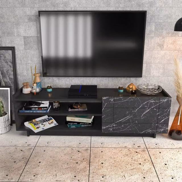 Decorotika Valantina Black Bendire TV Unit with Shelves