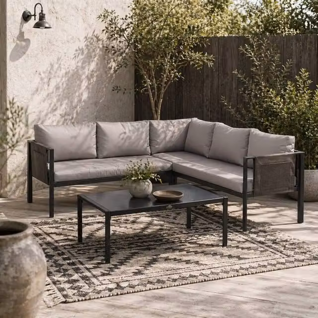 Wyld Haus Sera 5 Seater L-Shaped Garden Corner Sofa Set in Light Grey with Tempered Glass and Steel Frame