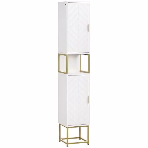 Kleankin Narrow Freestanding Bathroom Storage Cabinet with Open Shelf and Hinged Doors, White and Gold, H 170.7 x W 30 x D 30 cm
