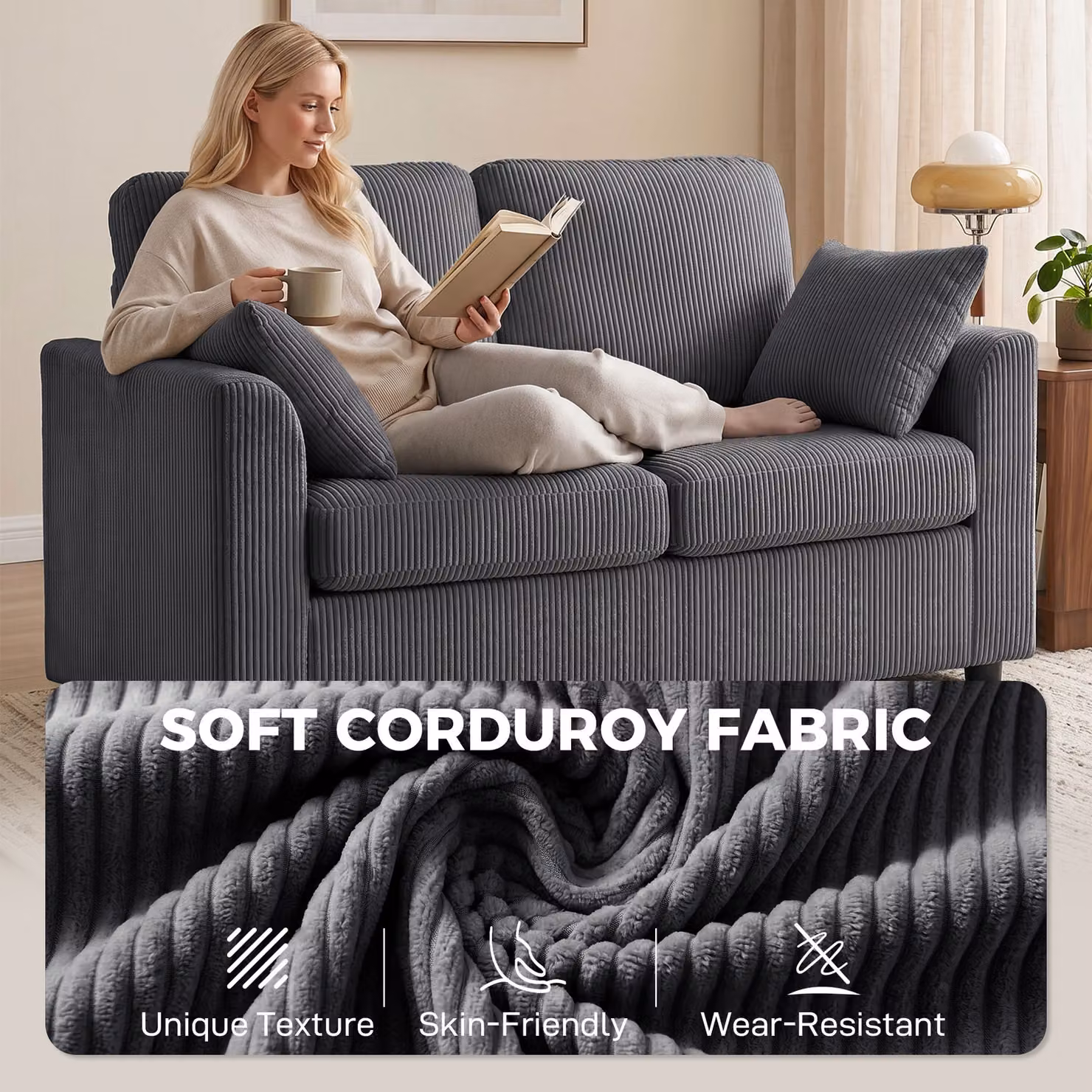 HOMCOM 2 Seater Corduroy Sofa in Dark Grey with Spring Cushions and Scatter Cushions – 5