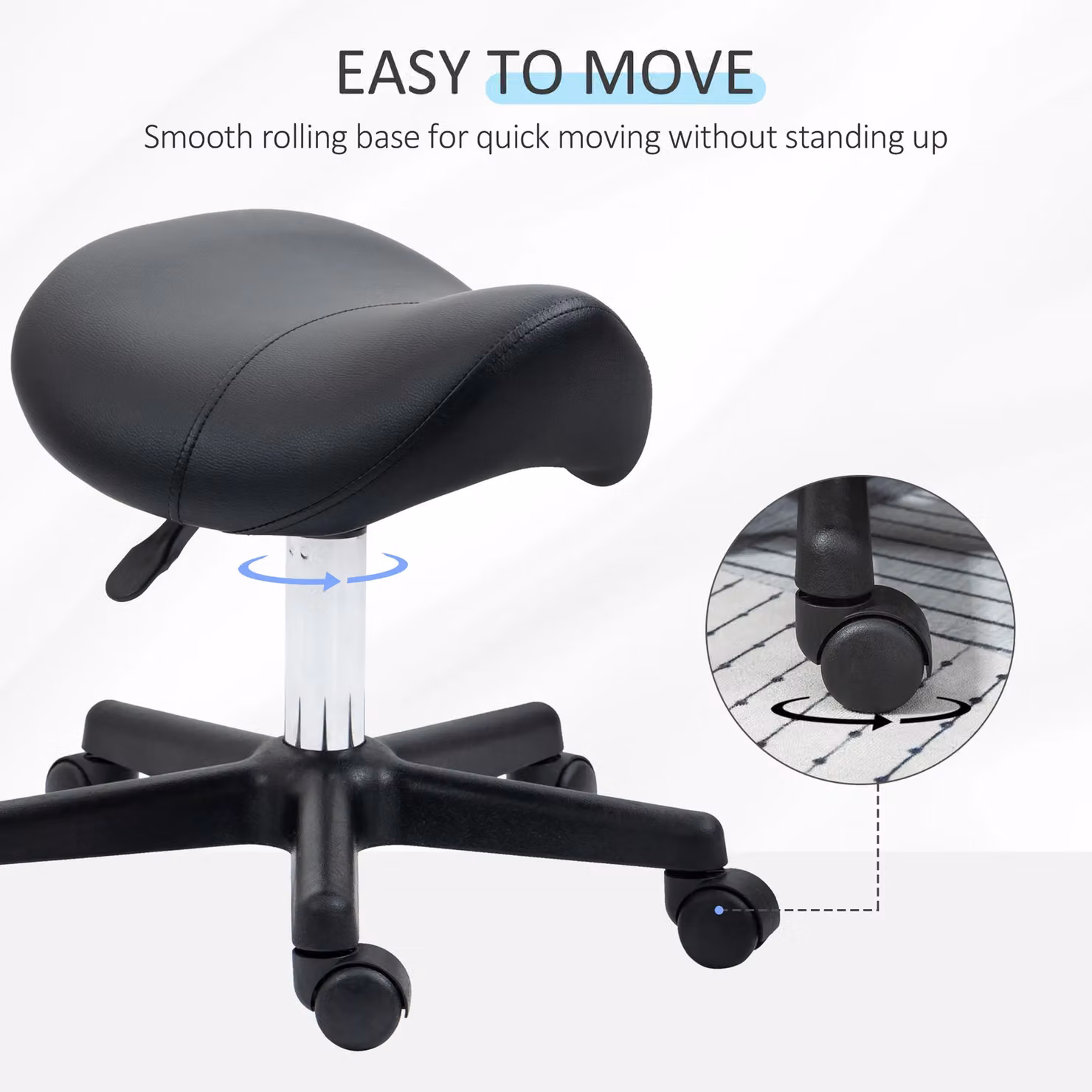 HOMCOM Adjustable Rolling Saddle Stool in Black with Synthetic Leather and Metal Frame – 4