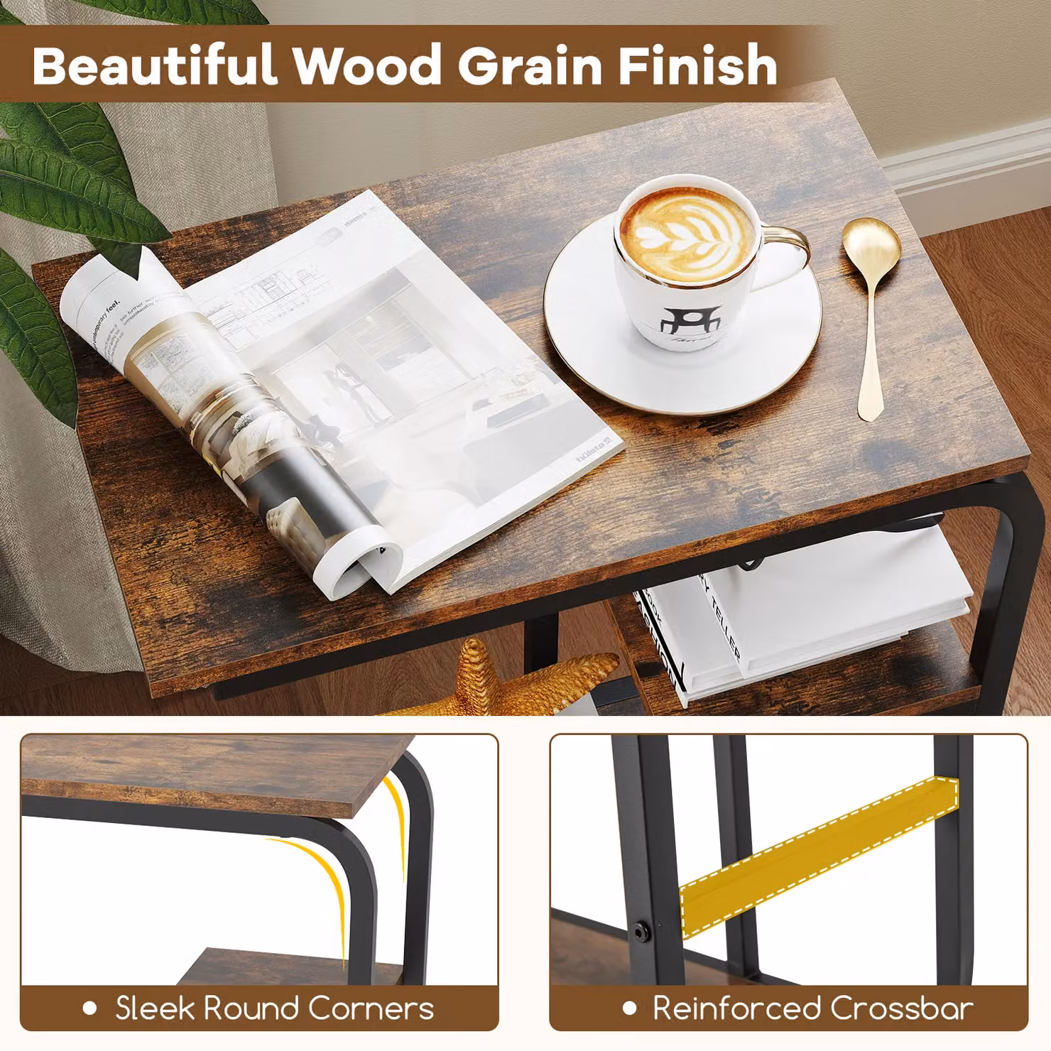 Gymax Set of 2 Industrial C-Shaped Rolling End Tables in Brown – 5