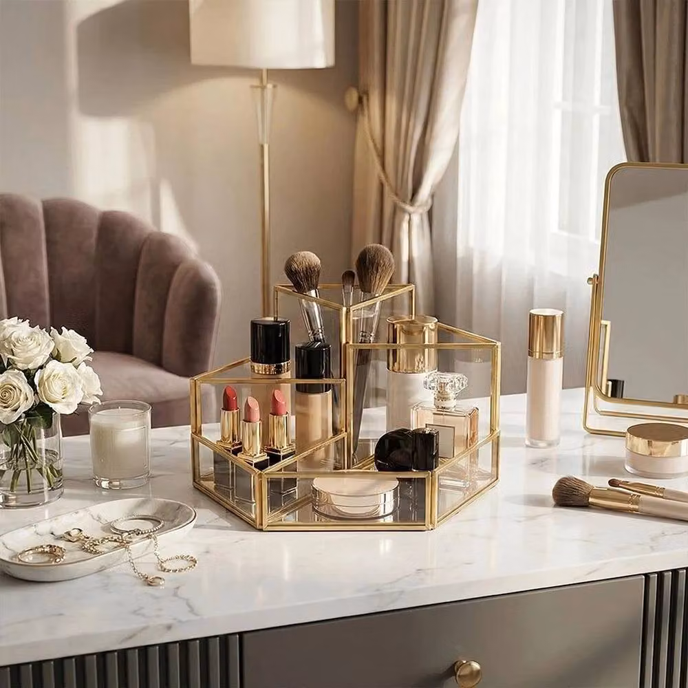 PAWNORA Gold Metal and Glass Makeup Storage Rack and Skincare Perfume Organiser, W: 19.5 cm, D: 10 cm, H: 9.5 cm – 3