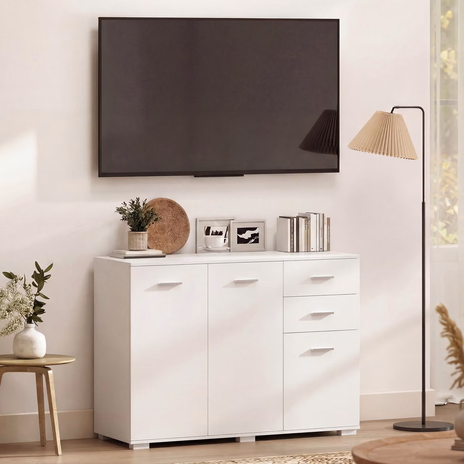 HOMCOM Modern White Sideboard Storage Cabinet with 2 Drawers, 3 Doors and Adjustable Shelves – 3