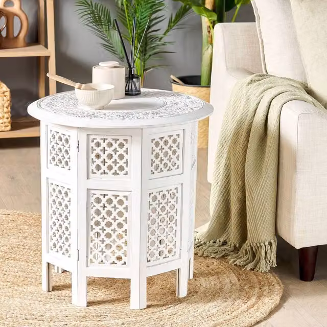Wyld and Coco Oriental Studio Side Table, White Distressed Carved Mango Wood, W/D/H: 53 x 53 x 53 cm