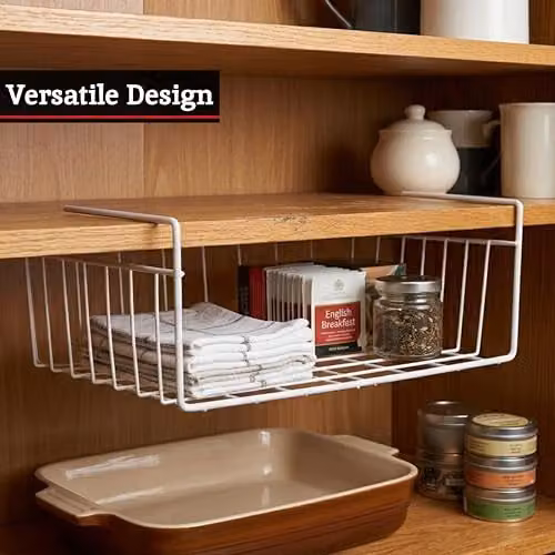 Orsina White Mesh Under Shelf Hanging Storage Basket, Metal Wire Organizer for Kitchen, Living Room or Bathroom, W: 39 cm x D: 26 cm x H: 14 cm – 3
