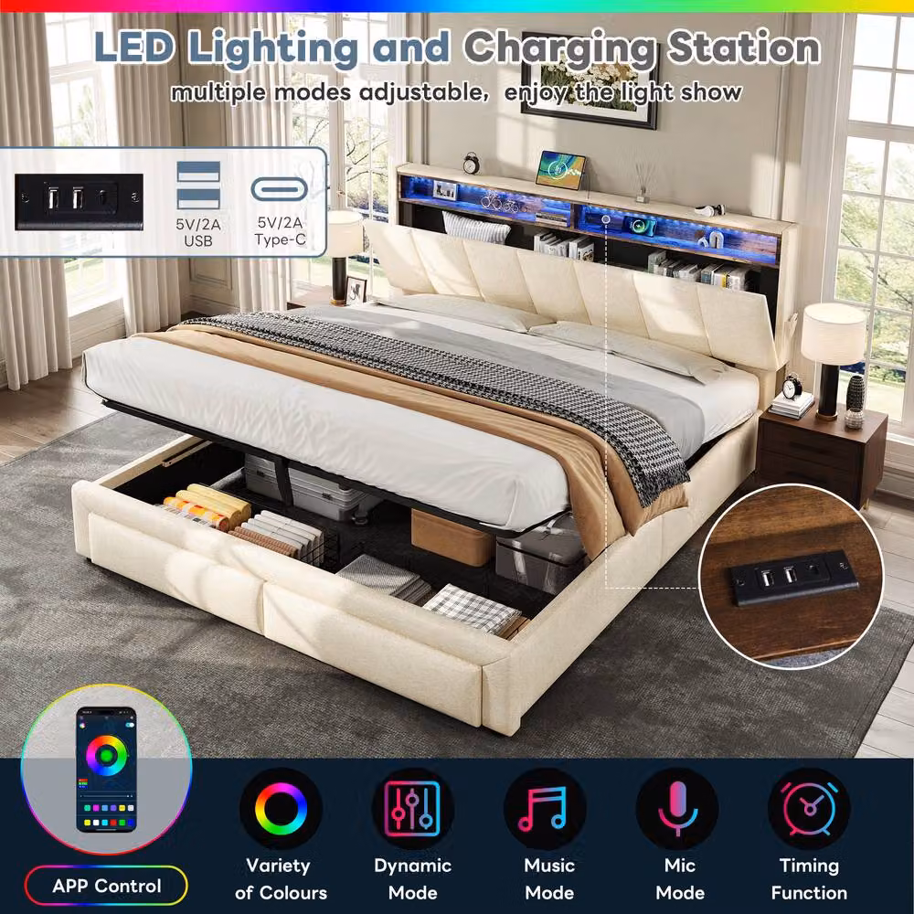 Rolipo King Size Upholstered Bed Frame with Storage, LED Lighting and USB Charging Station in Beige, W/D/H: 180 x 200 cm – 5