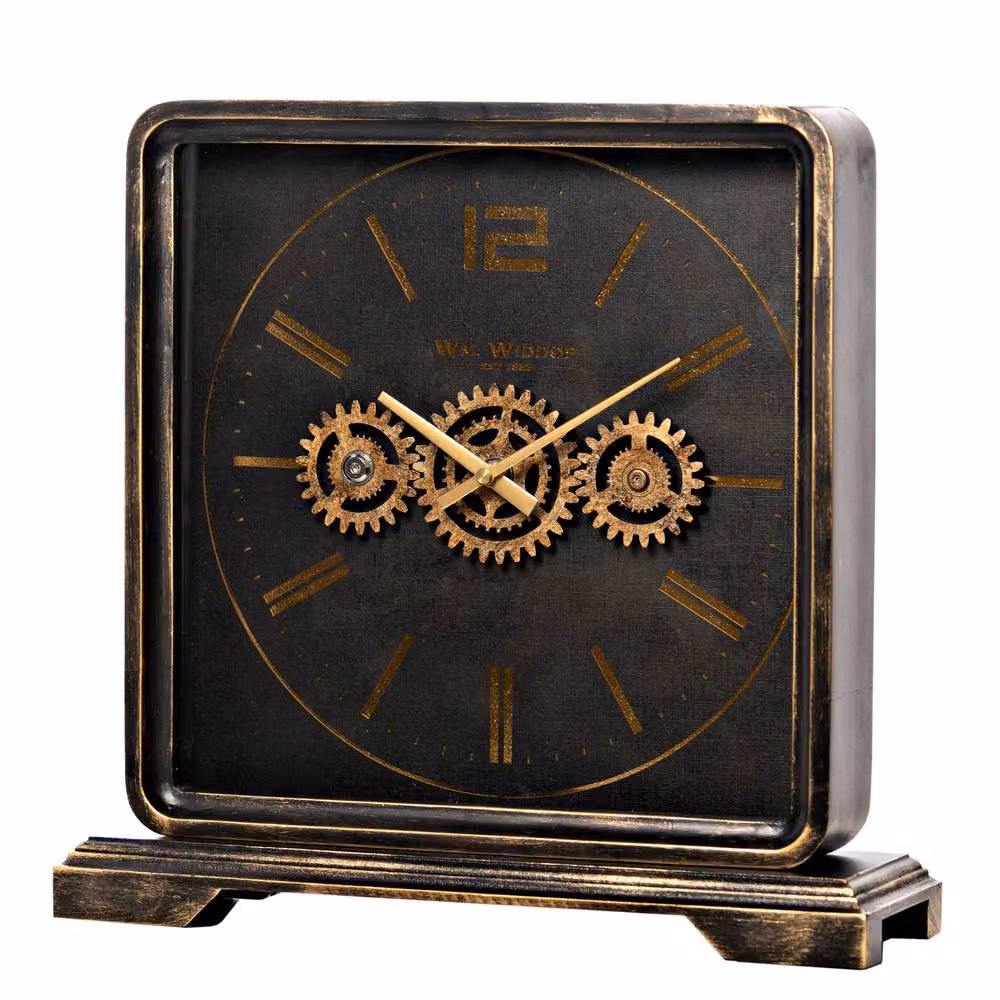 WILLIAM WIDDOP Black Industrial Metal Analog Mantel Clock with Moving Gears – 3