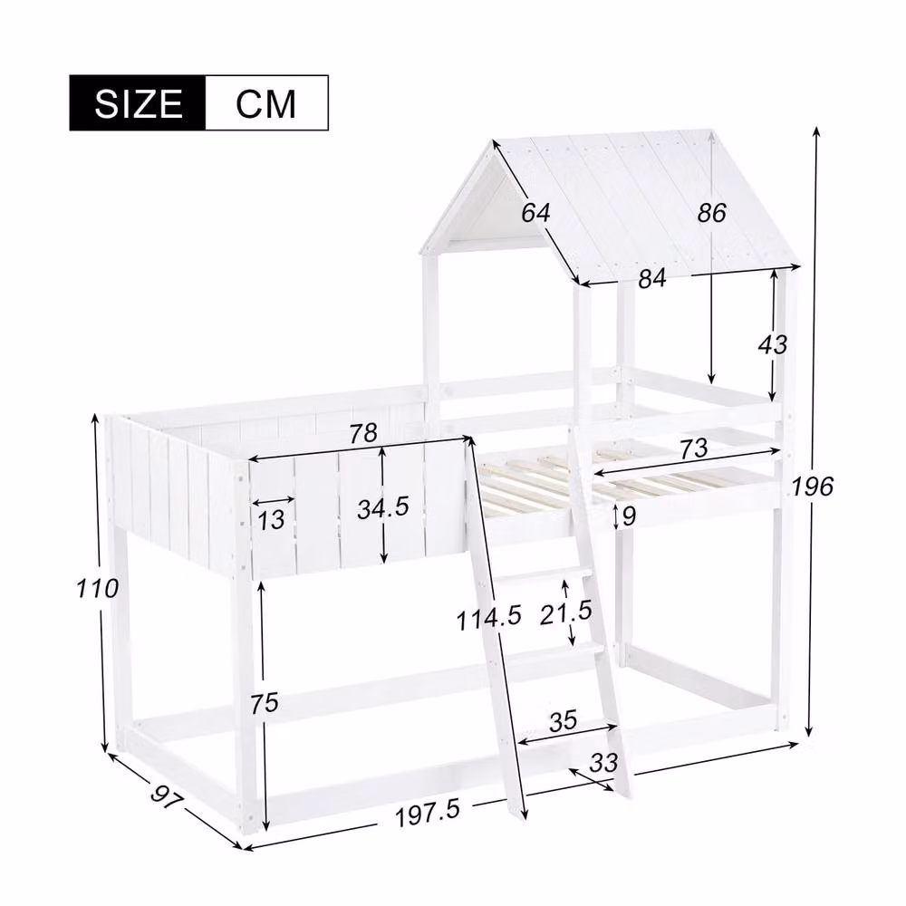 Rolipo White Pine Wood Treehouse Bunk Bed for Children, White, W/D/H: 90 x 190 x 110 cm – 2
