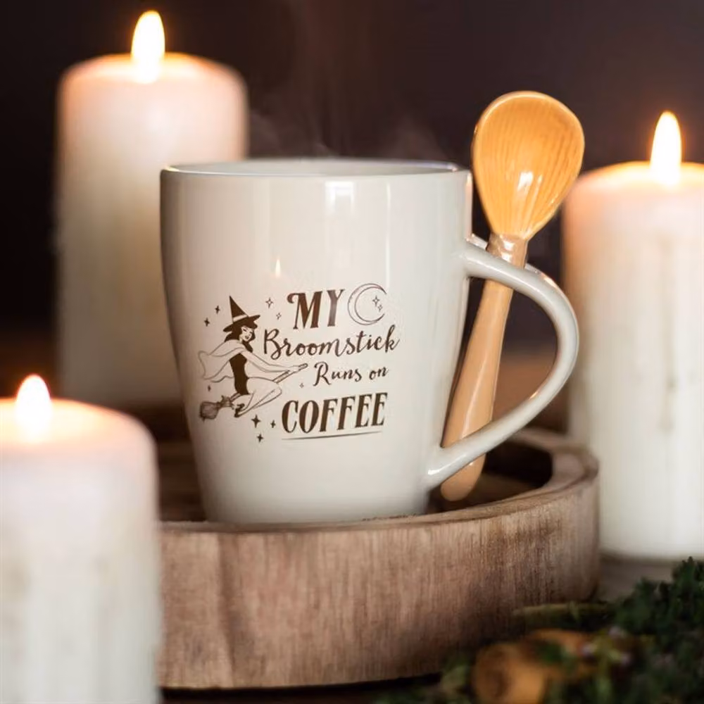 Uniqueful My Broomstick Runs on Coffee Mug and Spoon Set, White, 550ml – 2