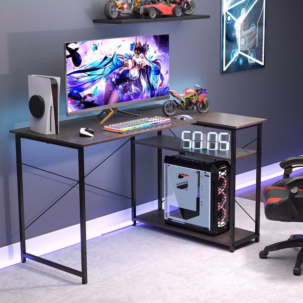 Costway L-shaped Corner Computer Desk with Power Outlet and Reversible Shelves in Grey – 6