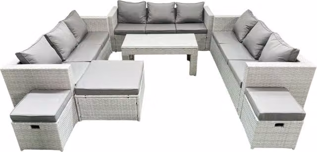 Fimous 12 Seater Rattan Garden Furniture Set with Oblong Coffee Table and 3 Footstools in Light Grey