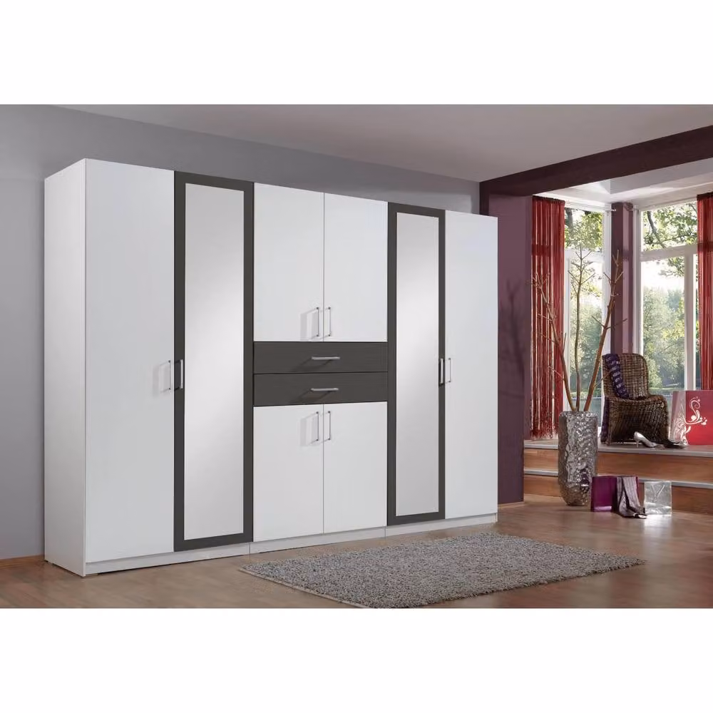 KDMD Diver White and Grey 6 Door Wardrobe with Mirror, W: 270 cm – 2