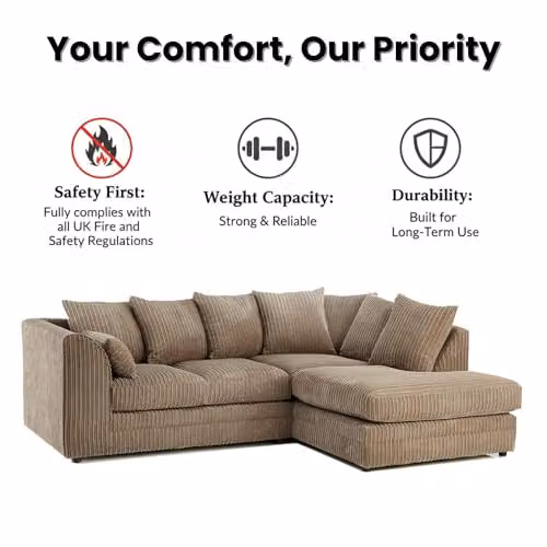 Bliss Furniture 4-Seater Right Hand Corner L-Shaped Sofa in Brown Jumbo Cord Fabric with Scatter Cushions – 2