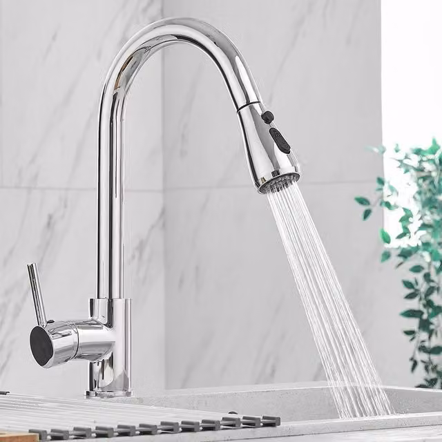 Heable Chrome Single Lever Kitchen Mixer Tap with Pull-Out Sprayer and High Arc Spout in Silver